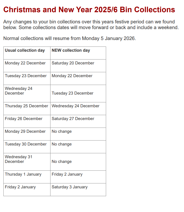 Christmas and New Year 2025/6 Bin Collections - Dudley MBC